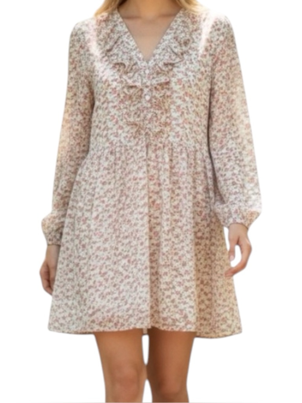 Dress Forum Cream & Roses Flowy Babydoll Girlhood Core Long Sleeve Mini S